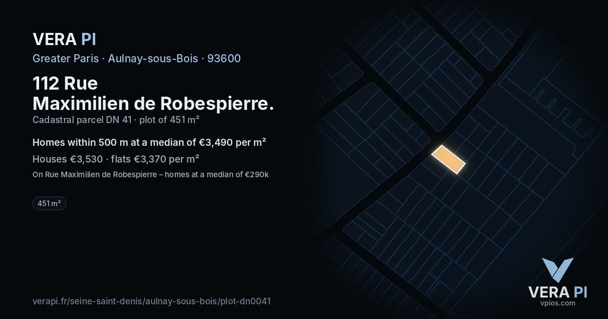 112 Rue Maximilien de Robespierre, Aulnay-sous-Bois at night – the plot lit, the parcels around coloured by the prices near them