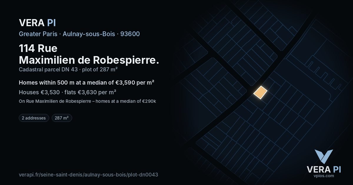 114 Rue Maximilien de Robespierre, Aulnay-sous-Bois at night – the plot lit, the parcels around coloured by the prices near them