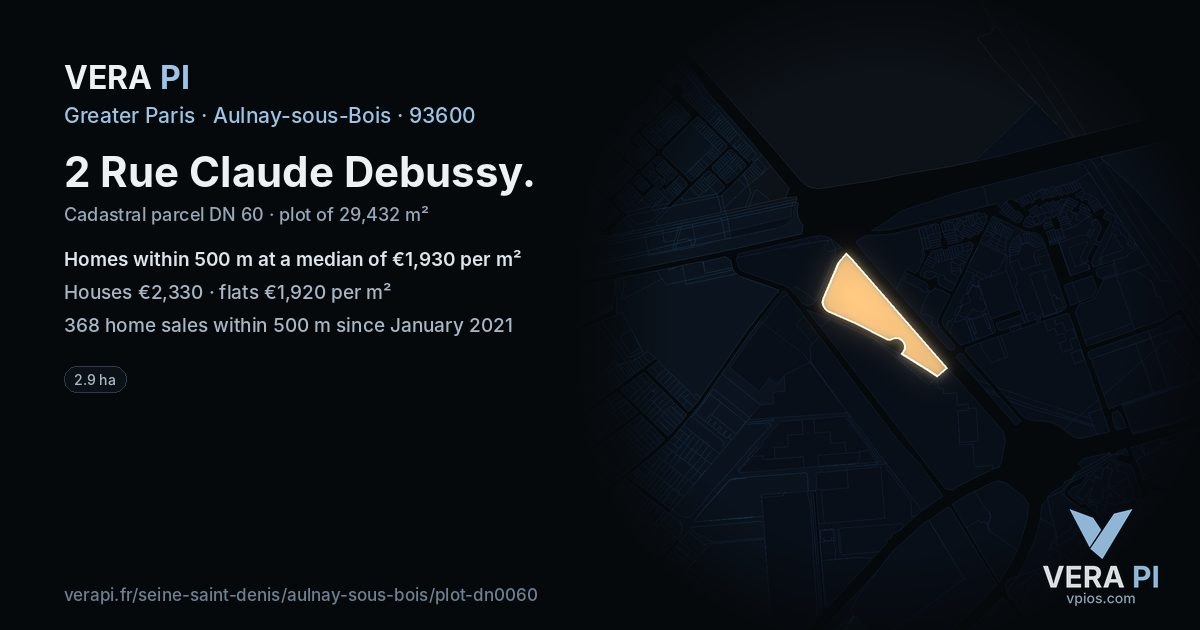 2 Rue Claude Debussy, Aulnay-sous-Bois at night – the plot lit, the parcels around coloured by the prices near them