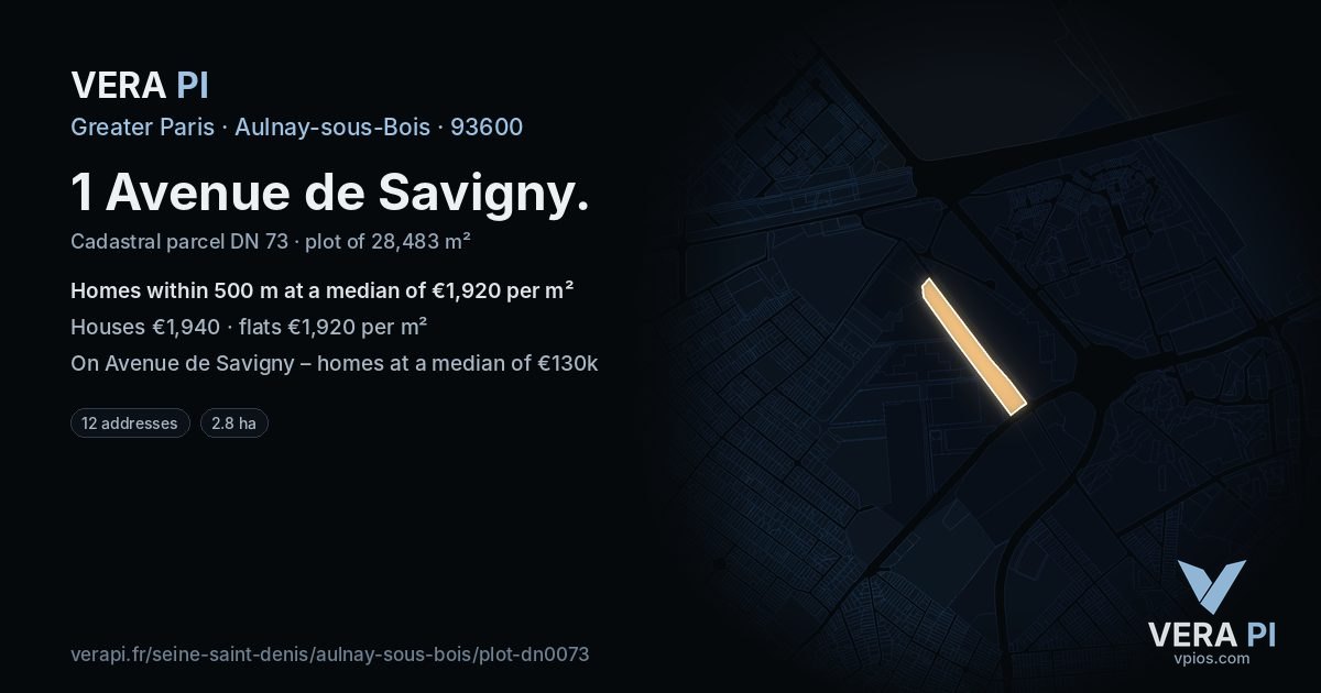 1 Avenue de Savigny, Aulnay-sous-Bois at night – the plot lit, the parcels around coloured by the prices near them