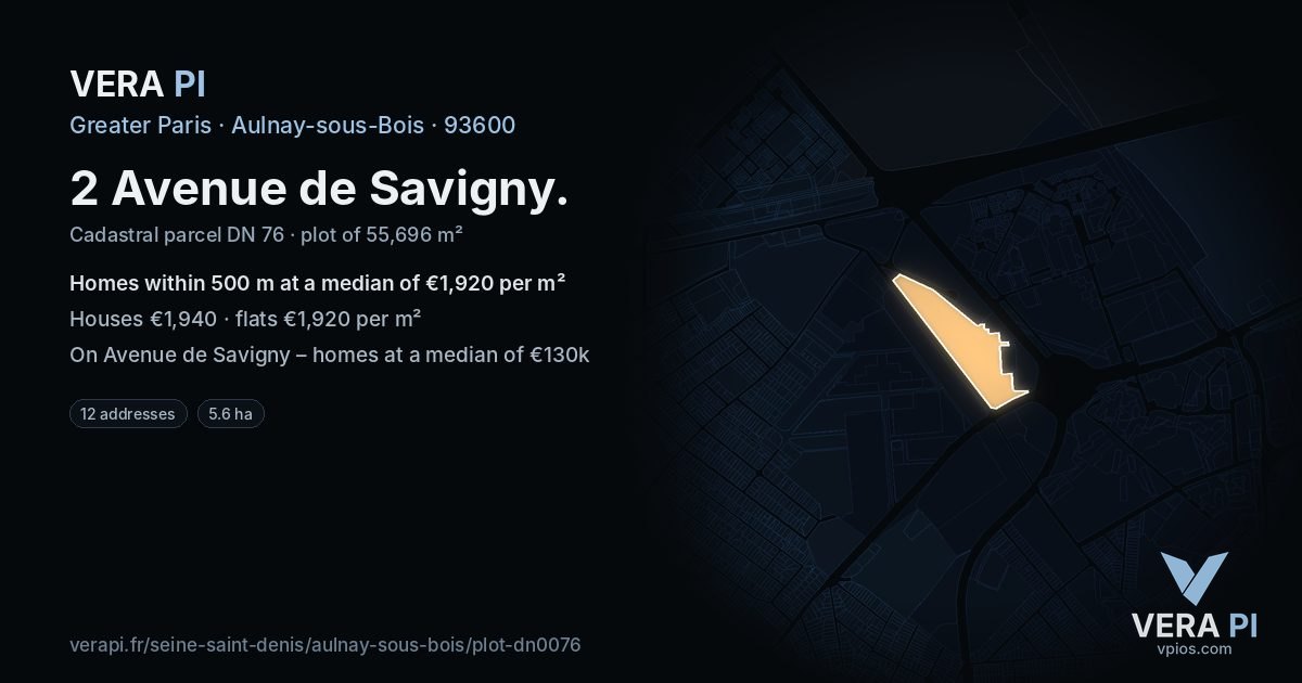 2 Avenue de Savigny, Aulnay-sous-Bois at night – the plot lit, the parcels around coloured by the prices near them