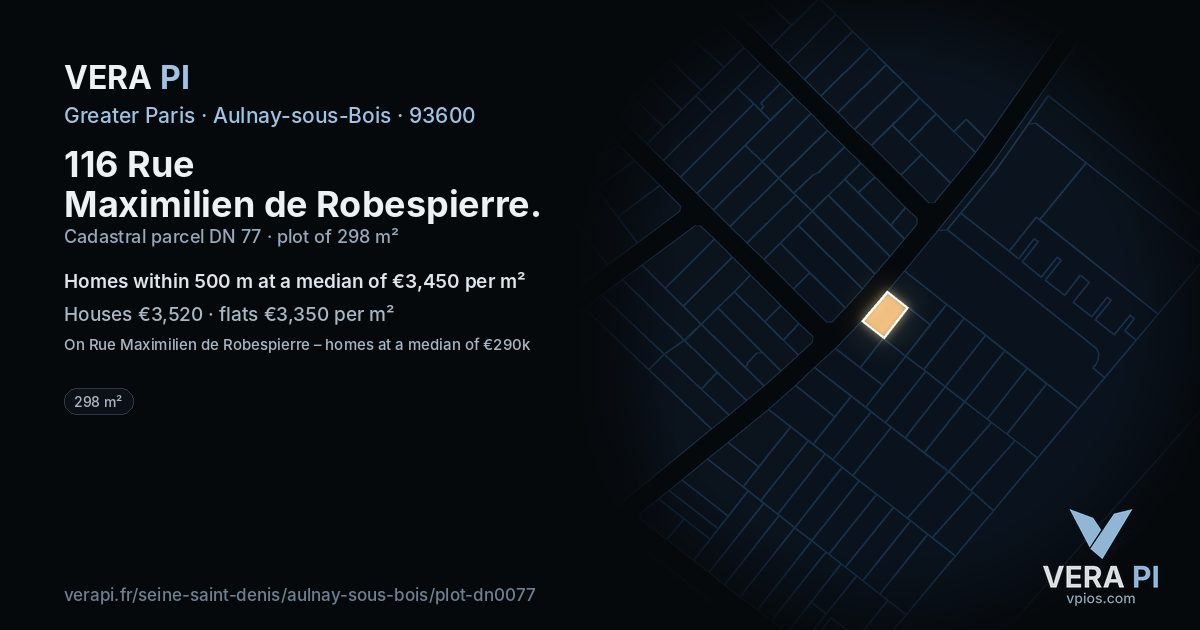 116 Rue Maximilien de Robespierre, Aulnay-sous-Bois at night – the plot lit, the parcels around coloured by the prices near them