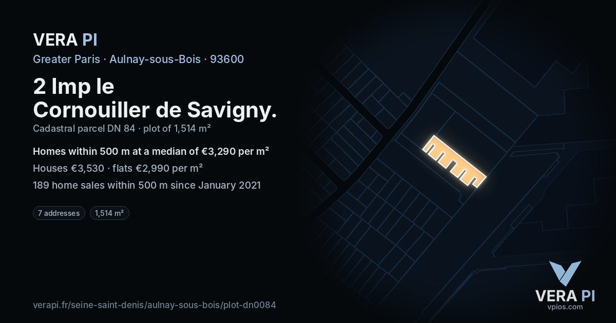 2 Imp le Cornouiller de Savigny, Aulnay-sous-Bois at night – the plot lit, the parcels around coloured by the prices near them