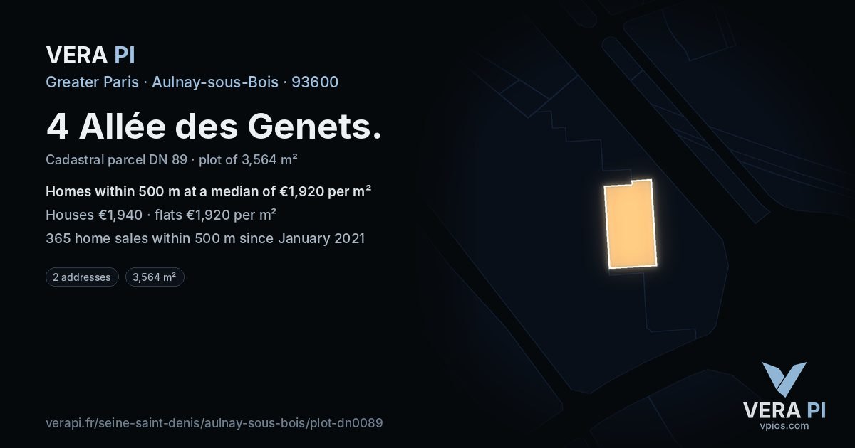4 Allée des Genets, Aulnay-sous-Bois at night – the plot lit, the parcels around coloured by the prices near them
