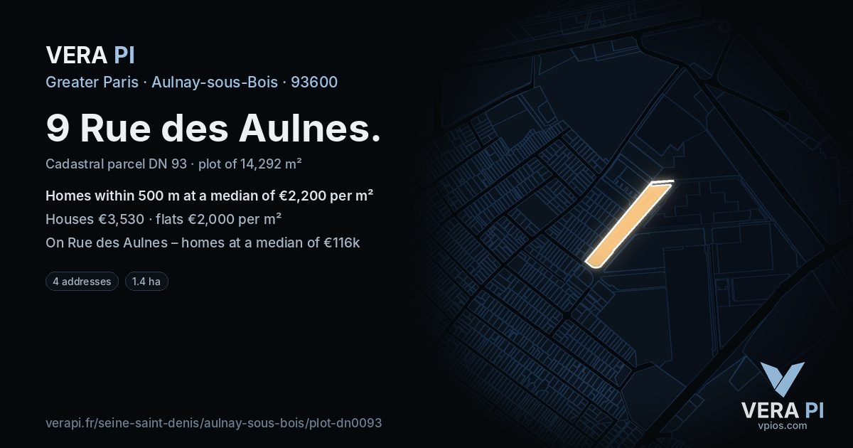 9 Rue des Aulnes, Aulnay-sous-Bois at night – the plot lit, the parcels around coloured by the prices near them