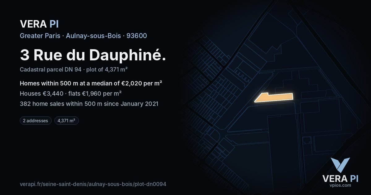 3 Rue du Dauphiné, Aulnay-sous-Bois at night – the plot lit, the parcels around coloured by the prices near them