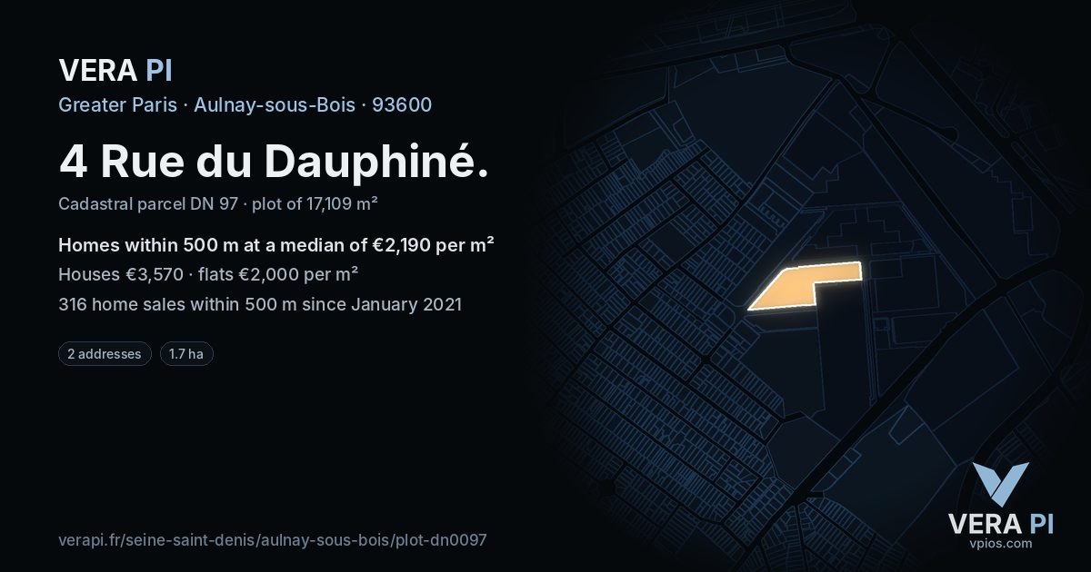4 Rue du Dauphiné, Aulnay-sous-Bois at night – the plot lit, the parcels around coloured by the prices near them