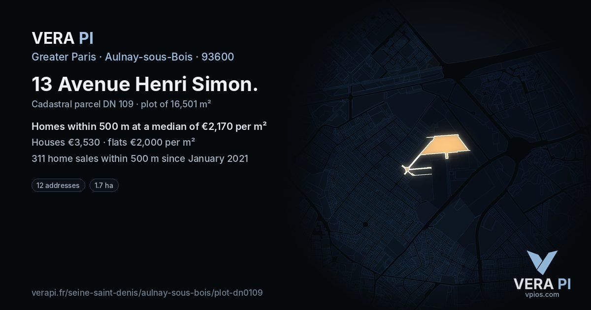 13 Avenue Henri Simon, Aulnay-sous-Bois at night – the plot lit, the parcels around coloured by the prices near them