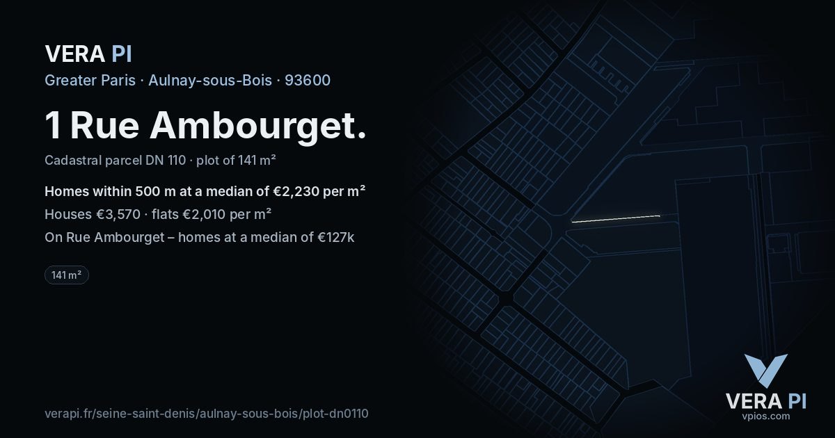 1 Rue Ambourget, Aulnay-sous-Bois at night – the plot lit, the parcels around coloured by the prices near them