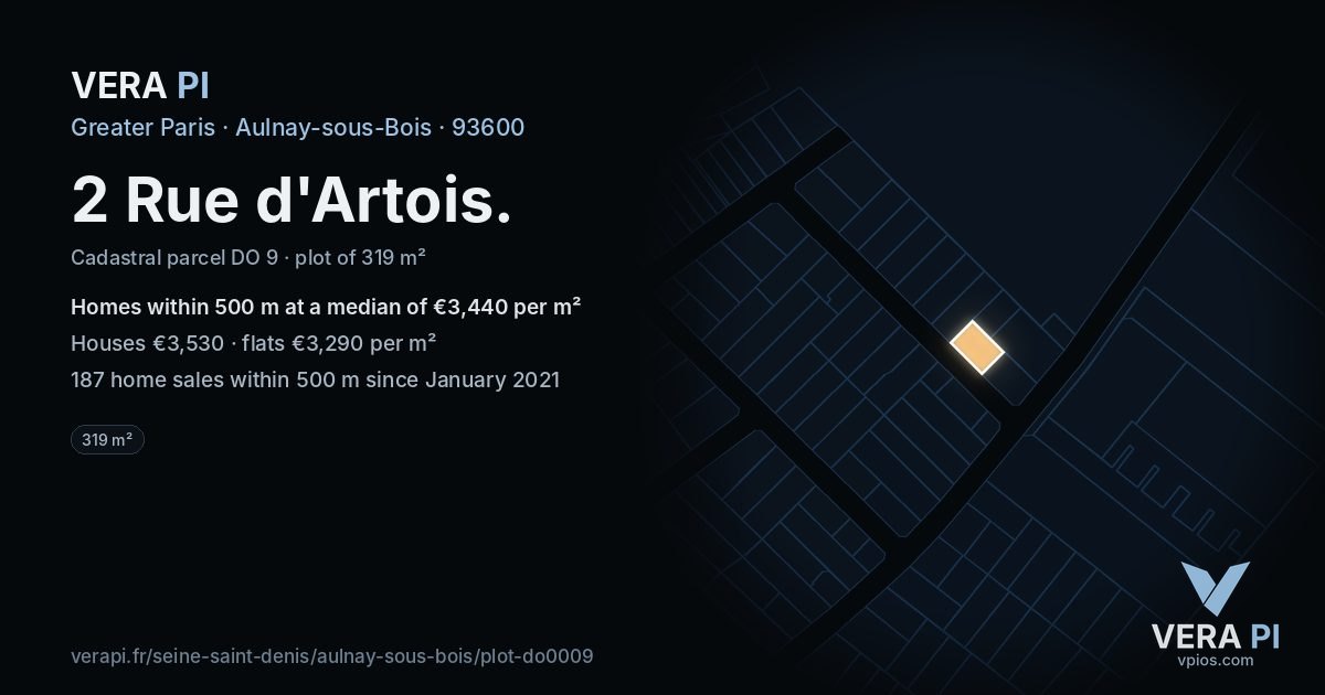 2 Rue d'Artois, Aulnay-sous-Bois at night – the plot lit, the parcels around coloured by the prices near them