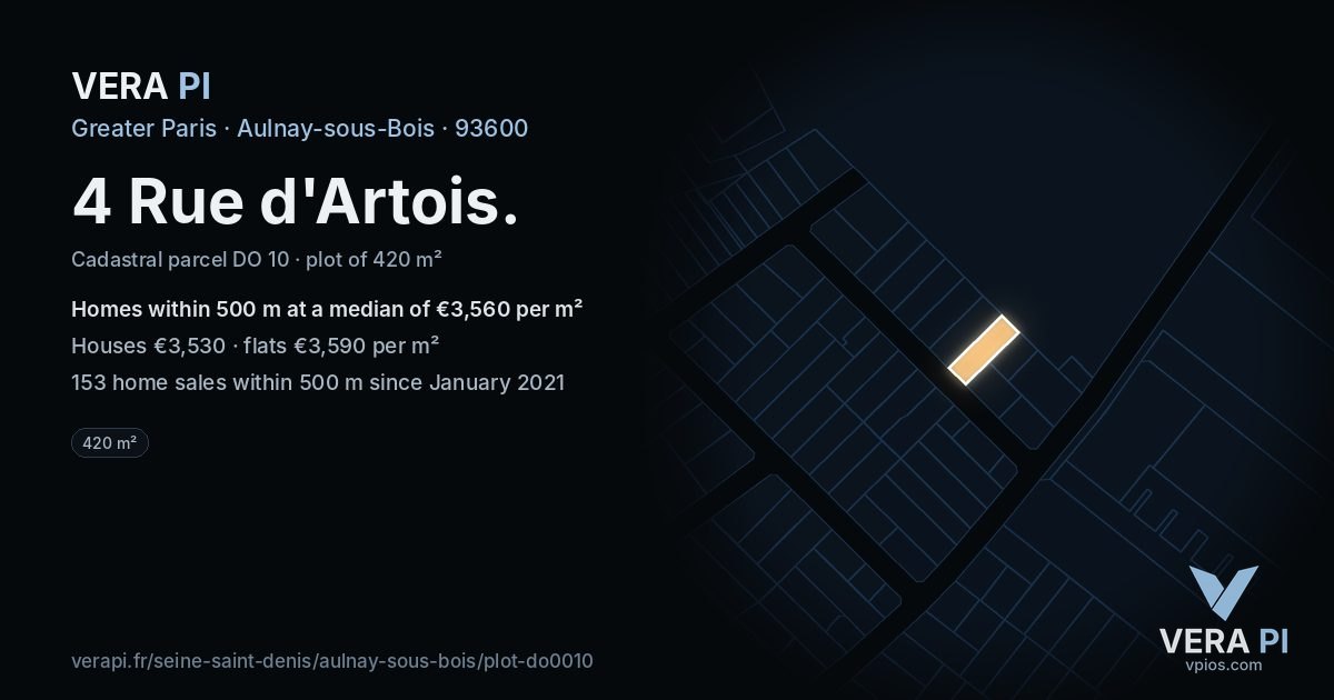 4 Rue d'Artois, Aulnay-sous-Bois at night – the plot lit, the parcels around coloured by the prices near them