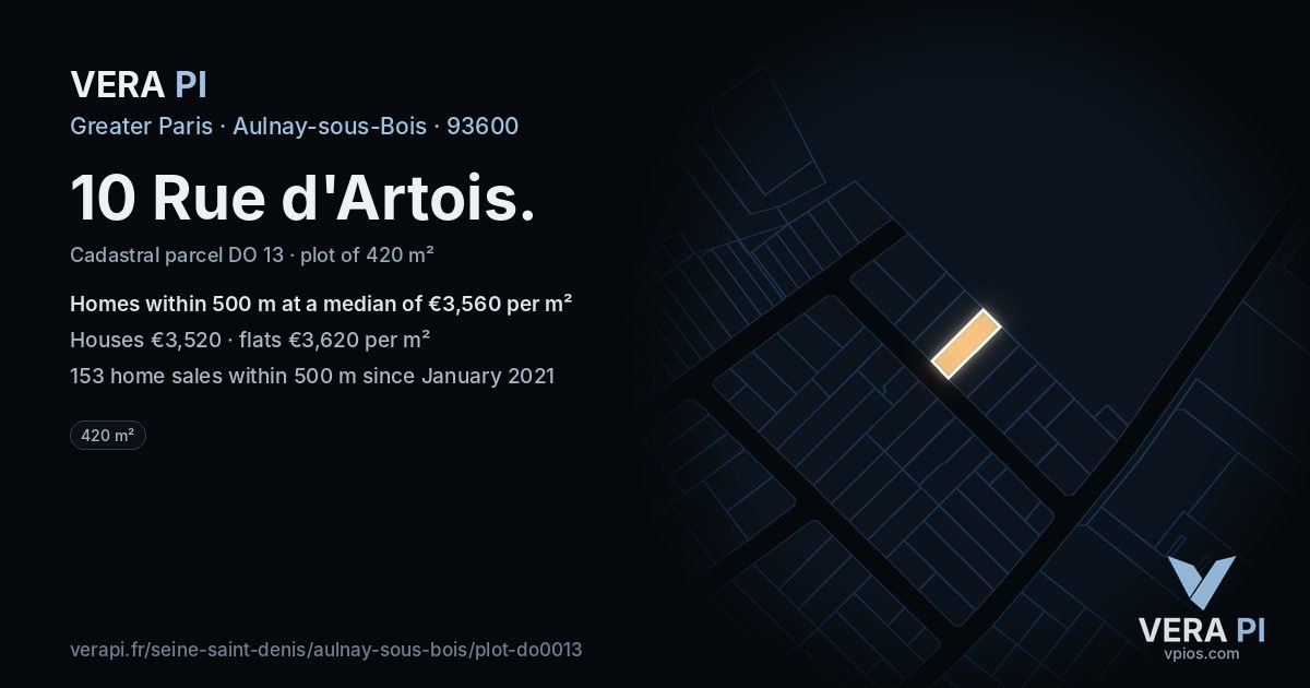 10 Rue d'Artois, Aulnay-sous-Bois at night – the plot lit, the parcels around coloured by the prices near them