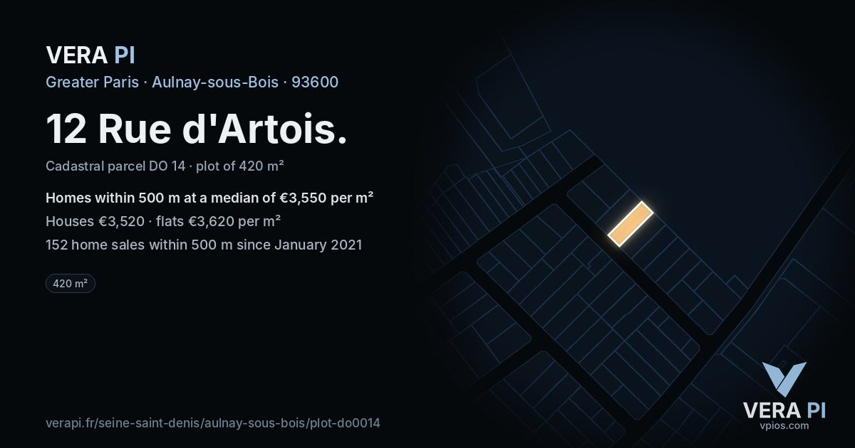 12 Rue d'Artois, Aulnay-sous-Bois at night – the plot lit, the parcels around coloured by the prices near them