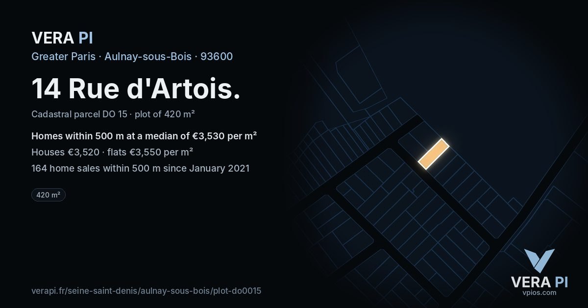 14 Rue d'Artois, Aulnay-sous-Bois at night – the plot lit, the parcels around coloured by the prices near them