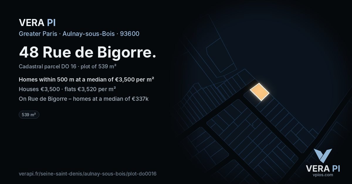 48 Rue de Bigorre, Aulnay-sous-Bois at night – the plot lit, the parcels around coloured by the prices near them