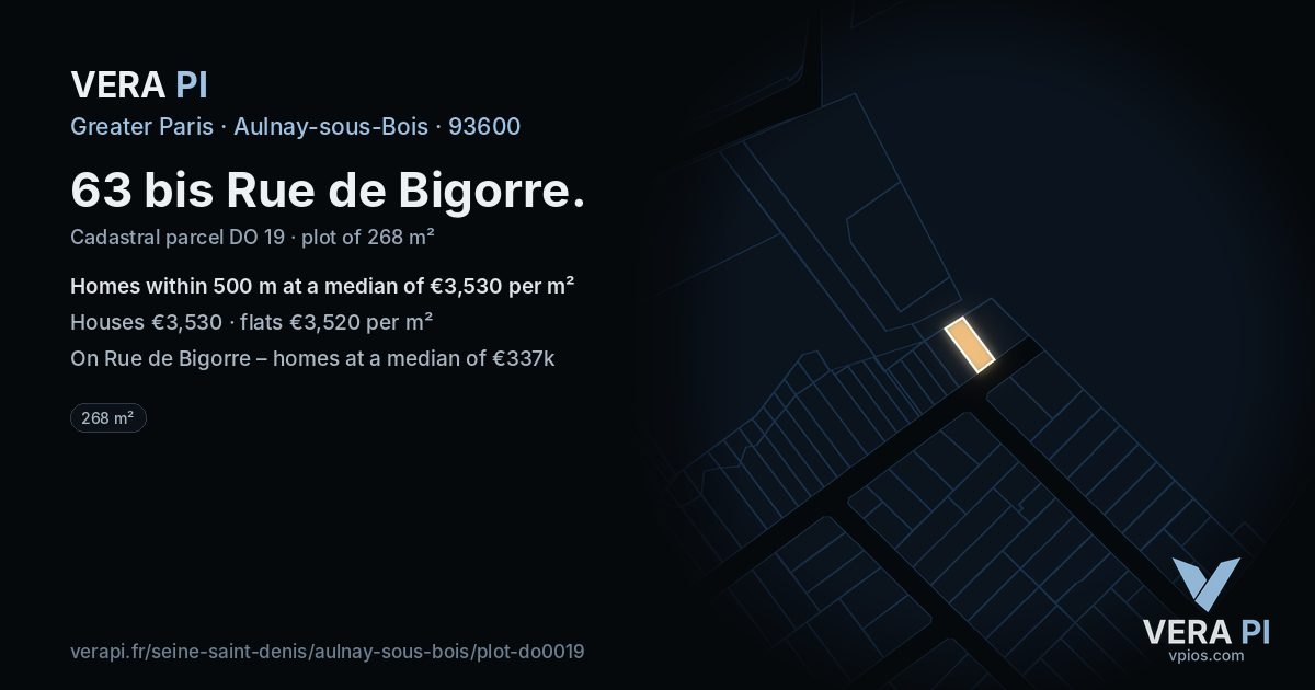 63 bis Rue de Bigorre, Aulnay-sous-Bois at night – the plot lit, the parcels around coloured by the prices near them