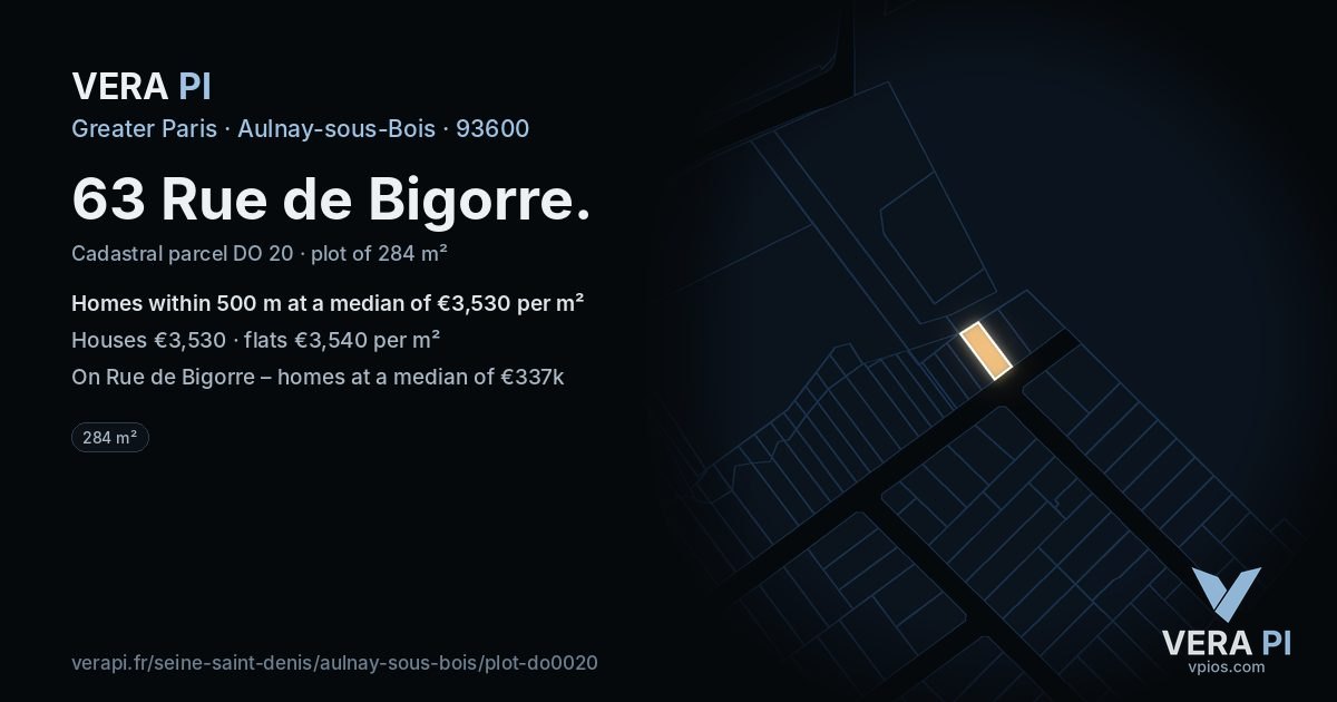 63 Rue de Bigorre, Aulnay-sous-Bois at night – the plot lit, the parcels around coloured by the prices near them