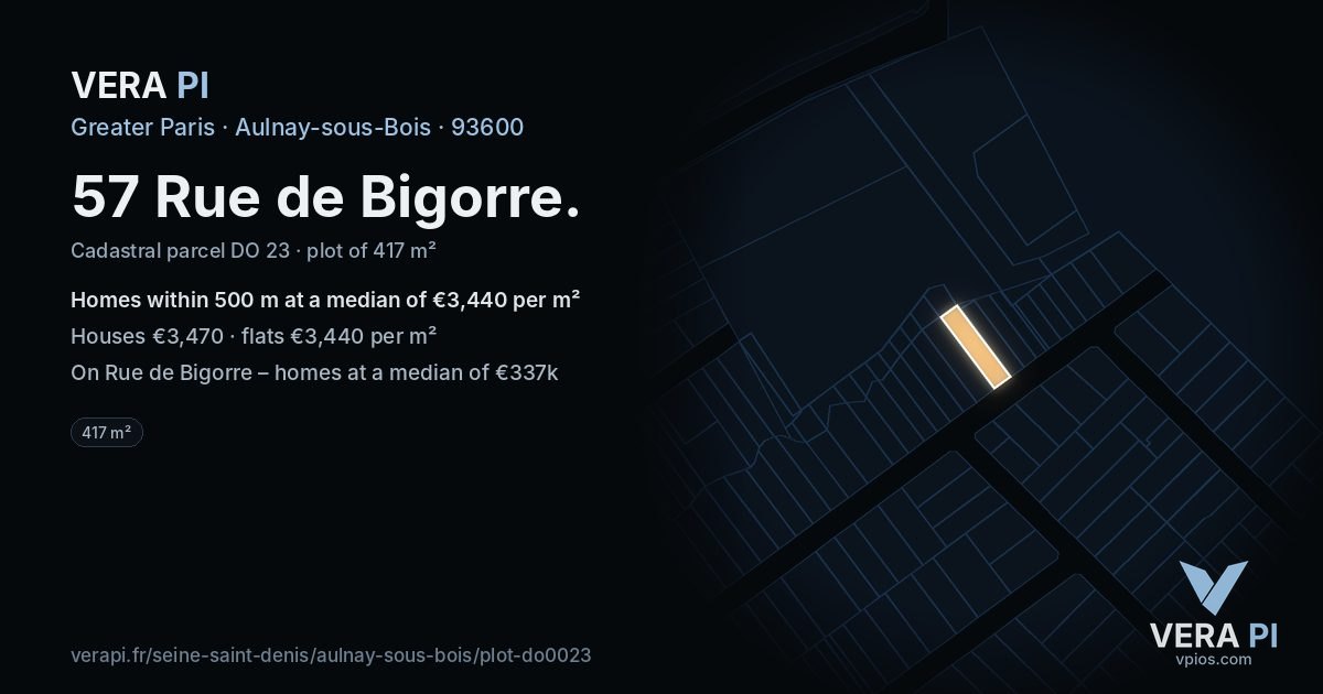 57 Rue de Bigorre, Aulnay-sous-Bois at night – the plot lit, the parcels around coloured by the prices near them