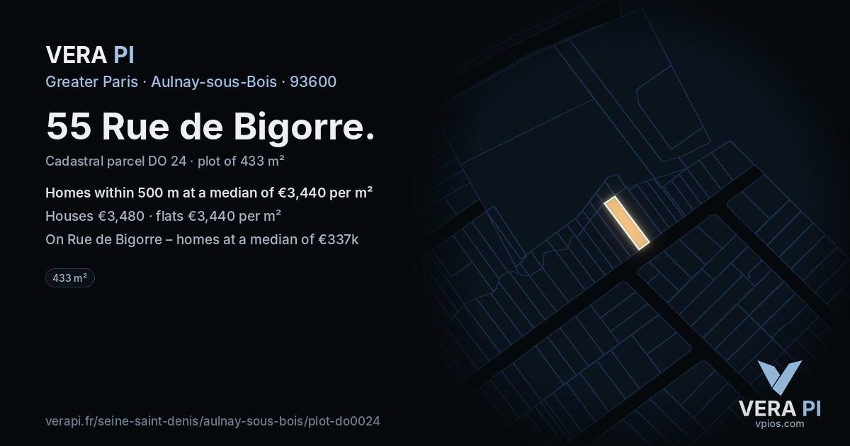 55 Rue de Bigorre, Aulnay-sous-Bois at night – the plot lit, the parcels around coloured by the prices near them