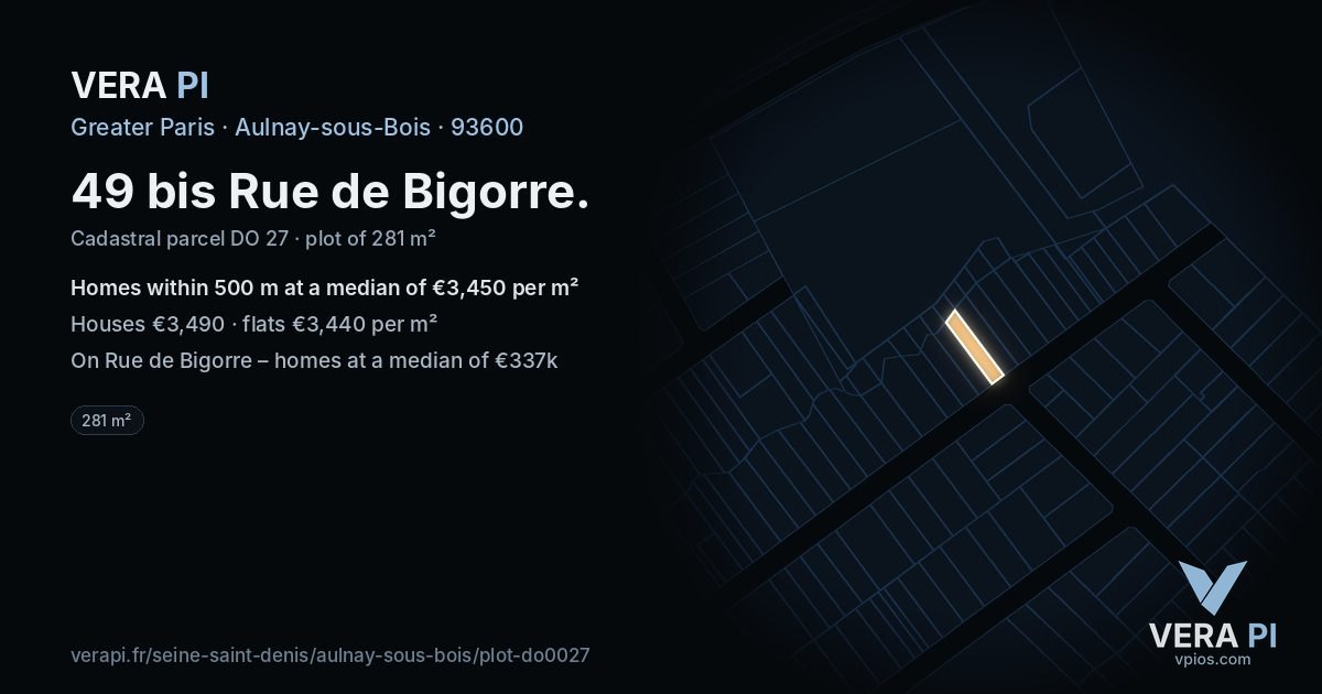 49 bis Rue de Bigorre, Aulnay-sous-Bois at night – the plot lit, the parcels around coloured by the prices near them