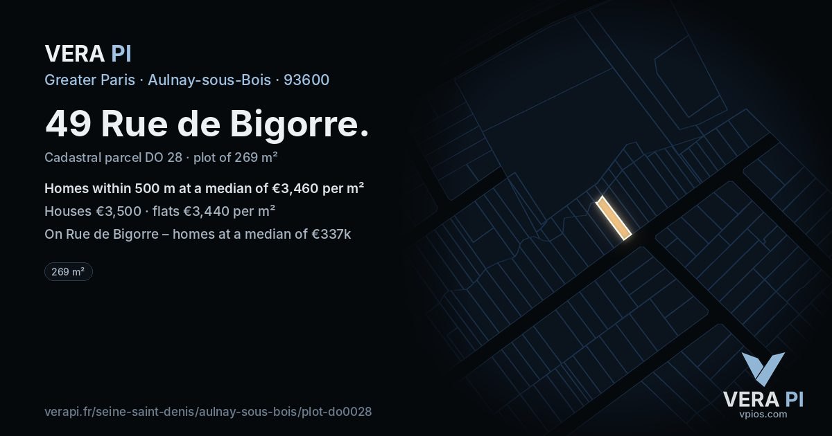 49 Rue de Bigorre, Aulnay-sous-Bois at night – the plot lit, the parcels around coloured by the prices near them