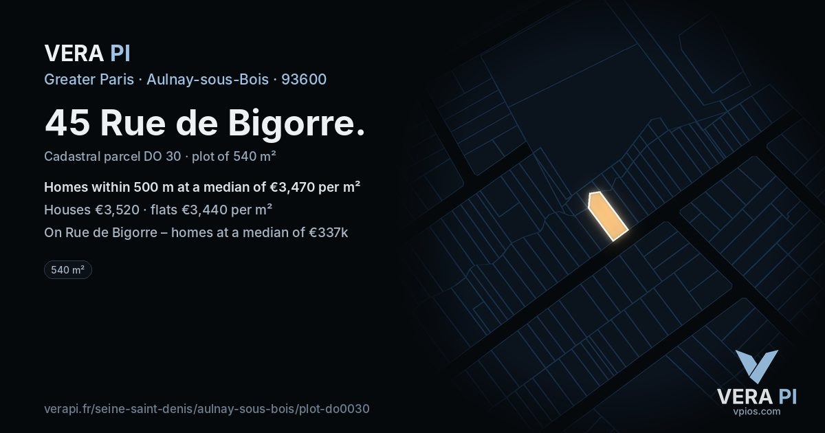45 Rue de Bigorre, Aulnay-sous-Bois at night – the plot lit, the parcels around coloured by the prices near them