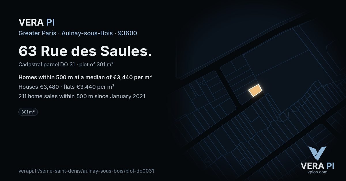 63 Rue des Saules, Aulnay-sous-Bois at night – the plot lit, the parcels around coloured by the prices near them