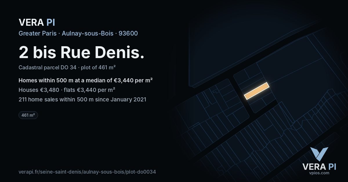 2 bis Rue Denis, Aulnay-sous-Bois at night – the plot lit, the parcels around coloured by the prices near them