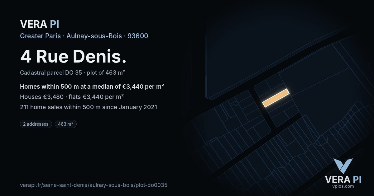 4 Rue Denis, Aulnay-sous-Bois at night – the plot lit, the parcels around coloured by the prices near them