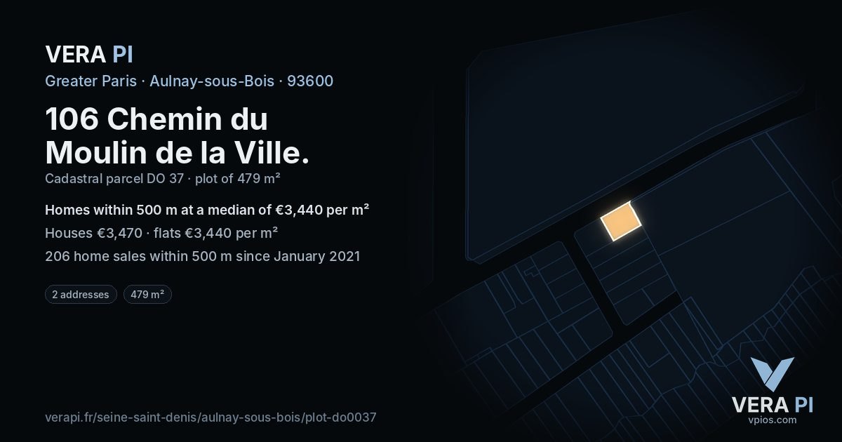 106 Chemin du Moulin de la Ville, Aulnay-sous-Bois at night – the plot lit, the parcels around coloured by the prices near them
