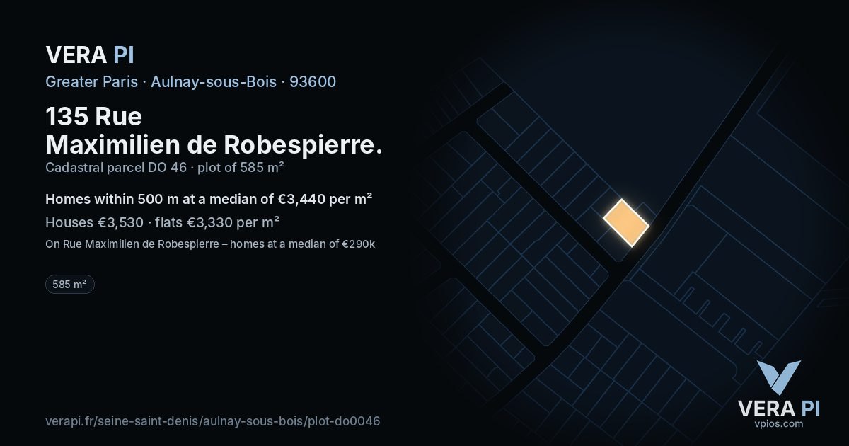 135 Rue Maximilien de Robespierre, Aulnay-sous-Bois at night – the plot lit, the parcels around coloured by the prices near them