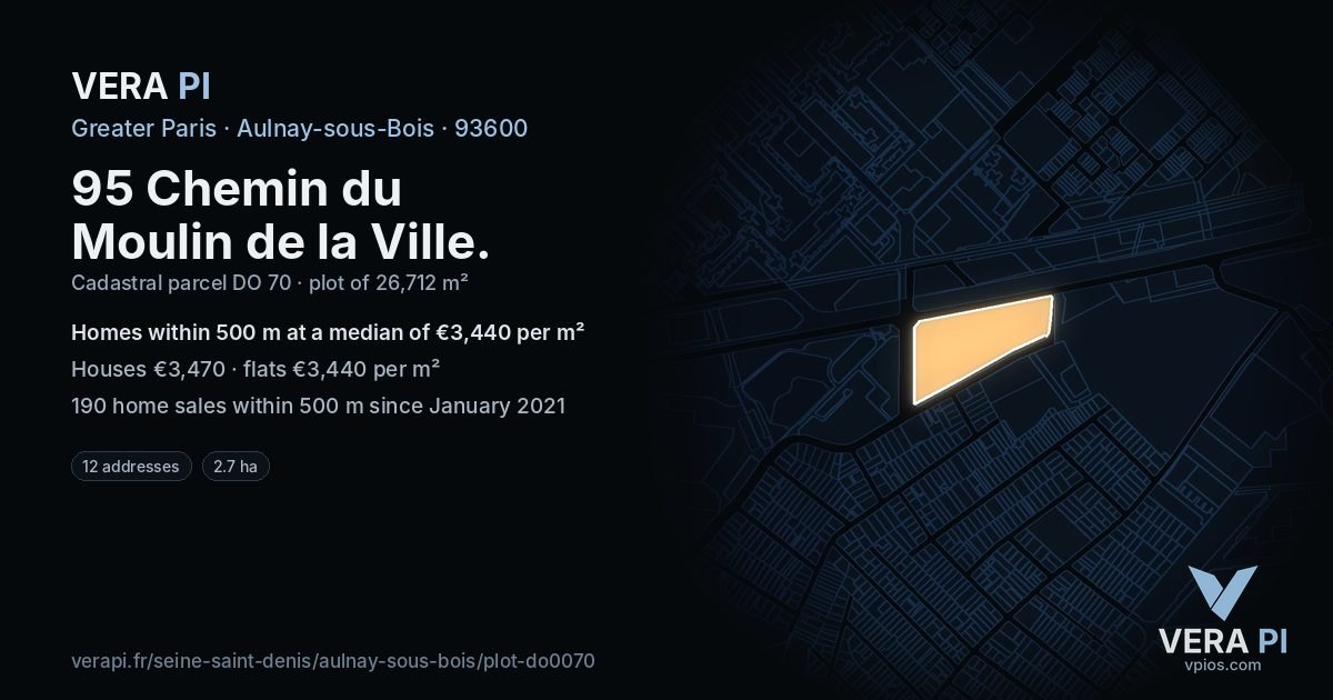 95 Chemin du Moulin de la Ville, Aulnay-sous-Bois at night – the plot lit, the parcels around coloured by the prices near them