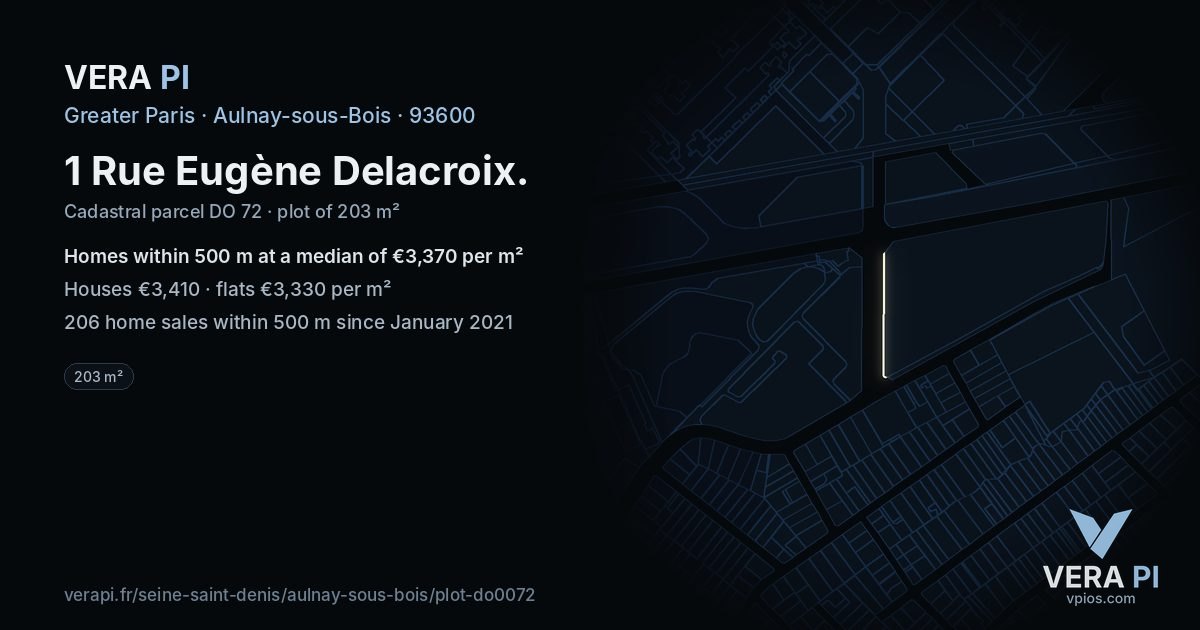1 Rue Eugène Delacroix, Aulnay-sous-Bois at night – the plot lit, the parcels around coloured by the prices near them