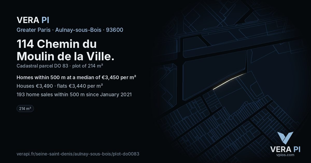 114 Chemin du Moulin de la Ville, Aulnay-sous-Bois at night – the plot lit, the parcels around coloured by the prices near them