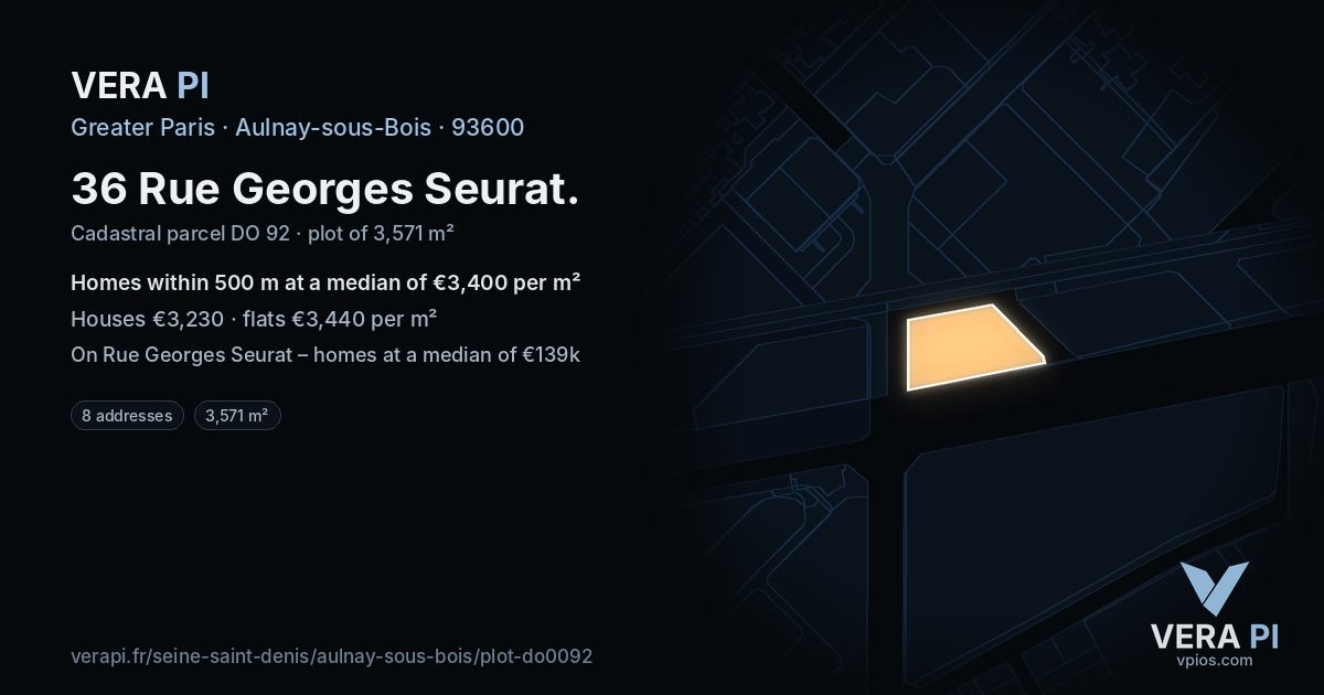 36 Rue Georges Seurat, Aulnay-sous-Bois at night – the plot lit, the parcels around coloured by the prices near them