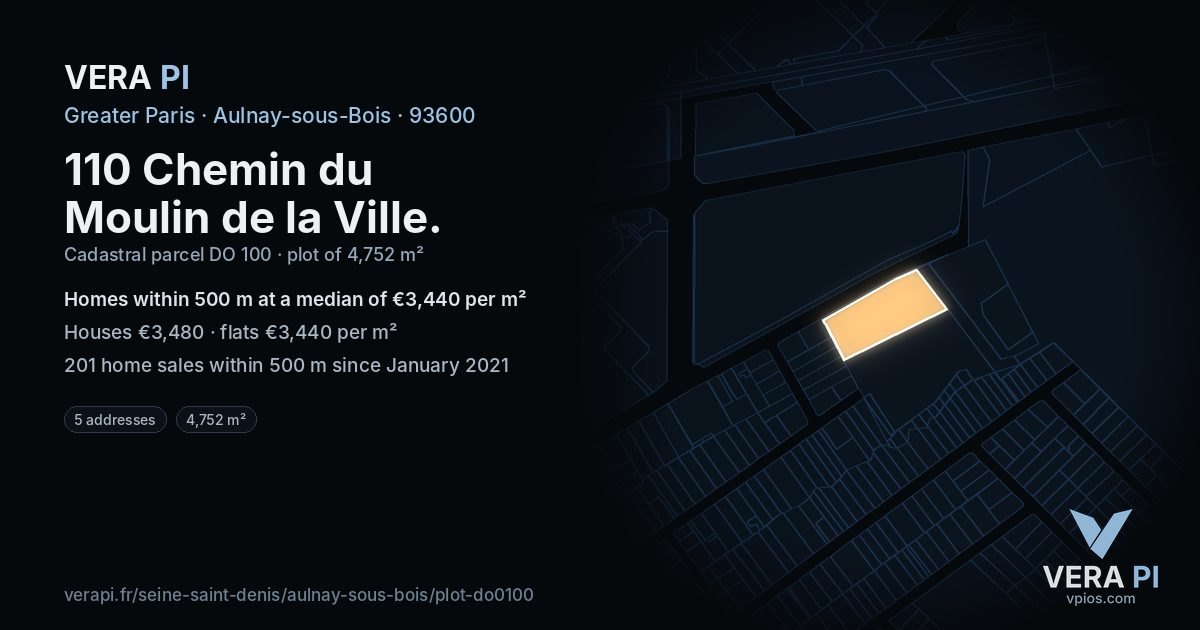 110 Chemin du Moulin de la Ville, Aulnay-sous-Bois at night – the plot lit, the parcels around coloured by the prices near them