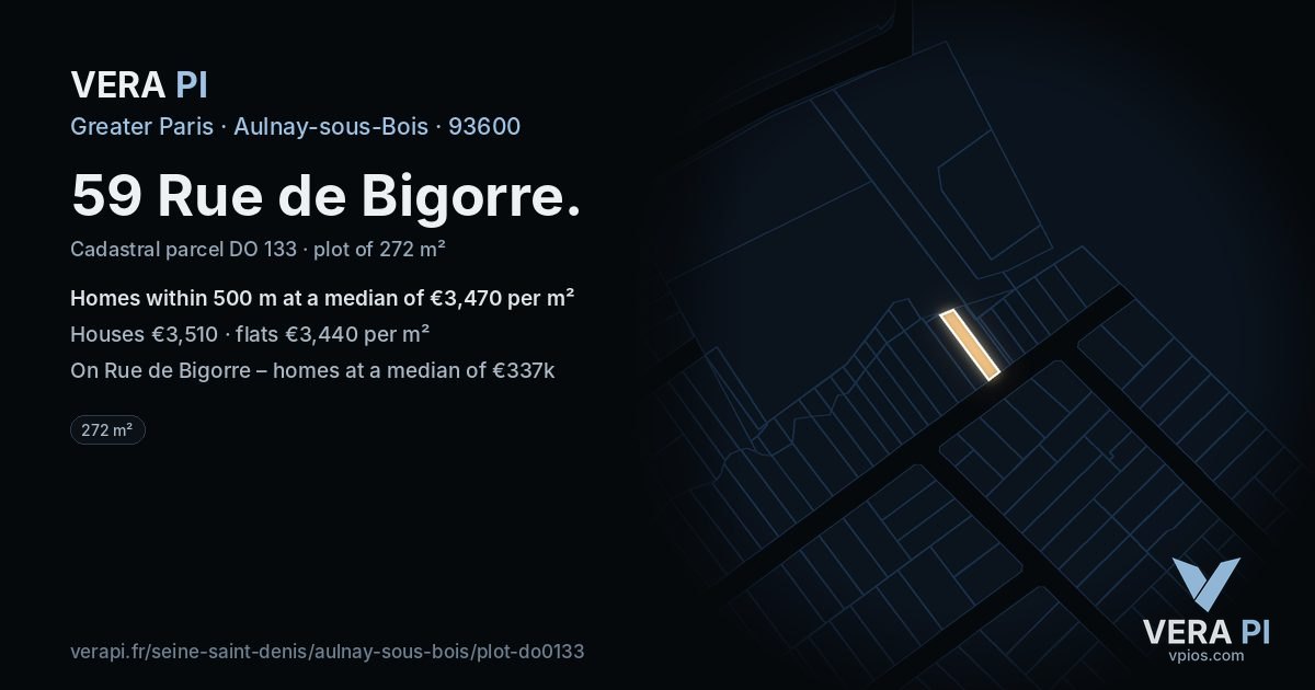 59 Rue de Bigorre, Aulnay-sous-Bois at night – the plot lit, the parcels around coloured by the prices near them