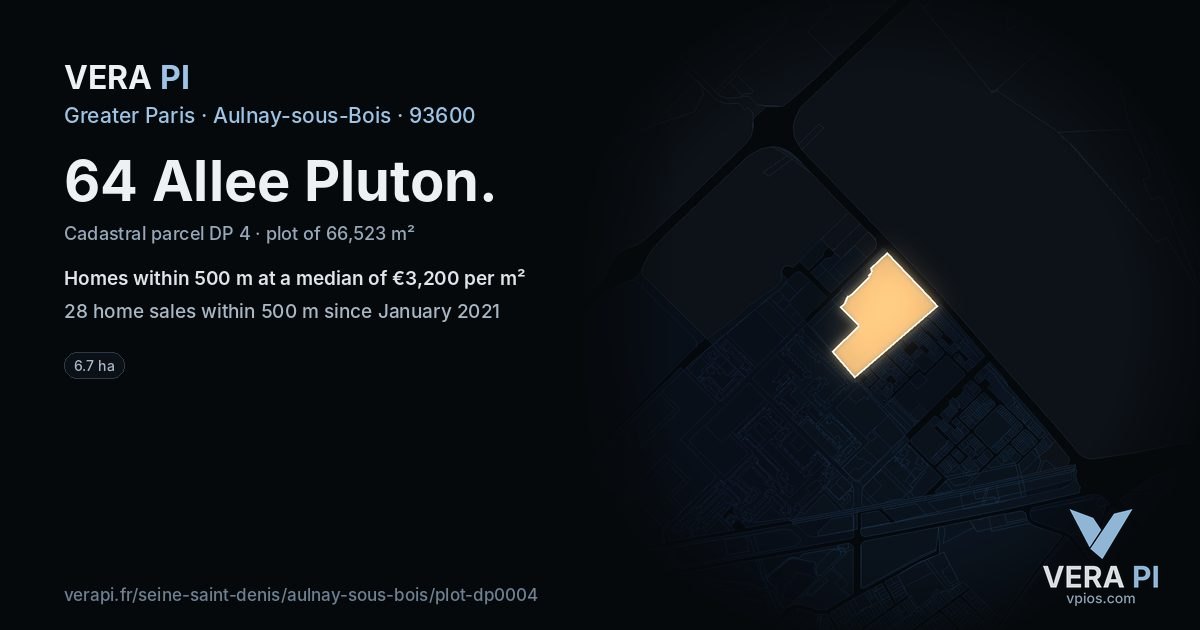 64 Allee Pluton, Aulnay-sous-Bois at night – the plot lit, the parcels around coloured by the prices near them