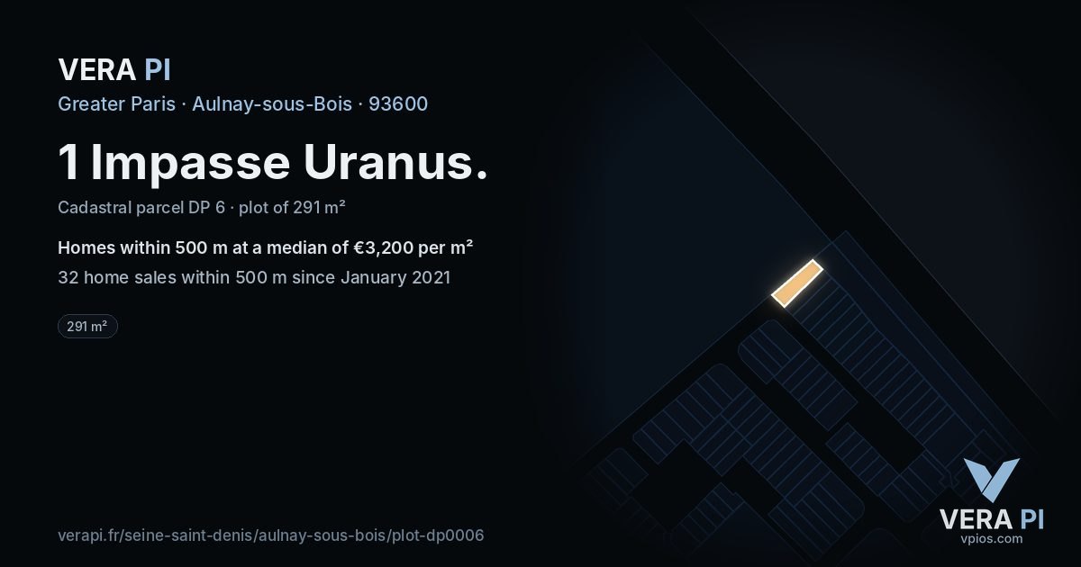 1 Impasse Uranus, Aulnay-sous-Bois at night – the plot lit, the parcels around coloured by the prices near them