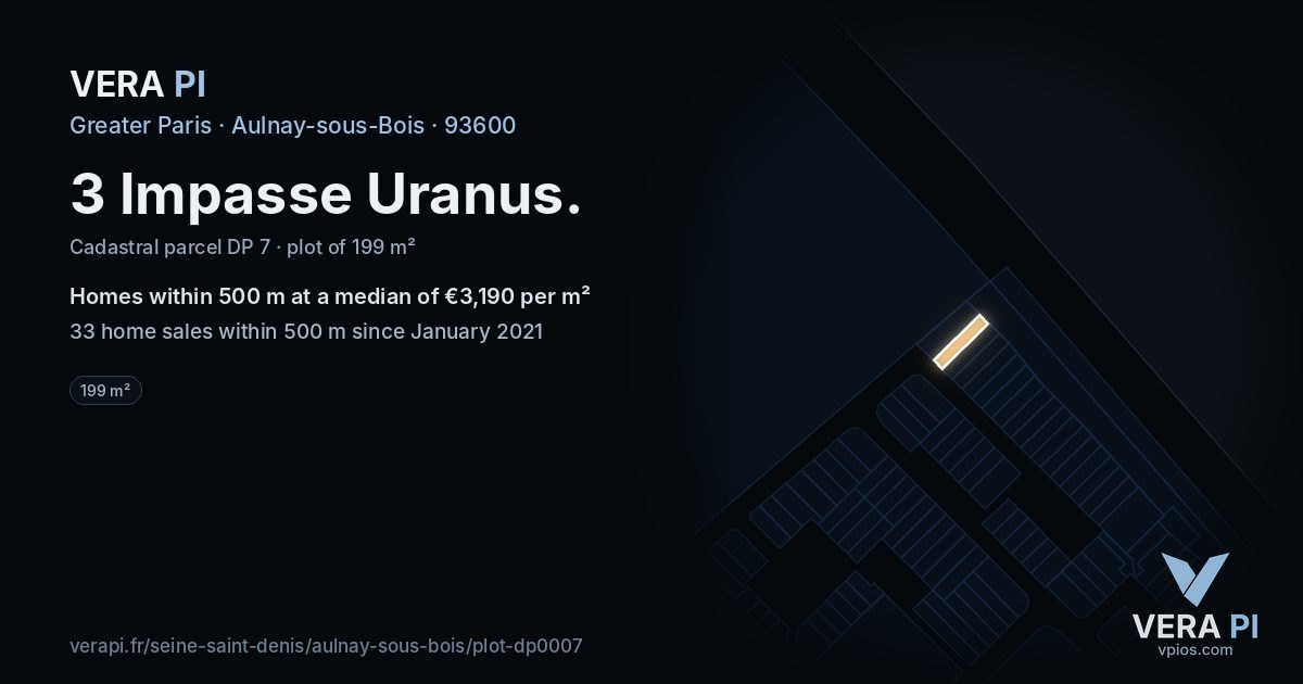 3 Impasse Uranus, Aulnay-sous-Bois at night – the plot lit, the parcels around coloured by the prices near them