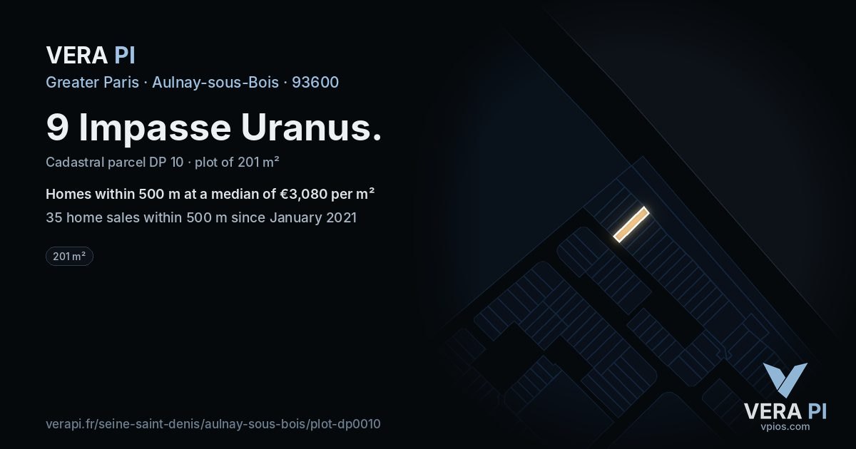 9 Impasse Uranus, Aulnay-sous-Bois at night – the plot lit, the parcels around coloured by the prices near them