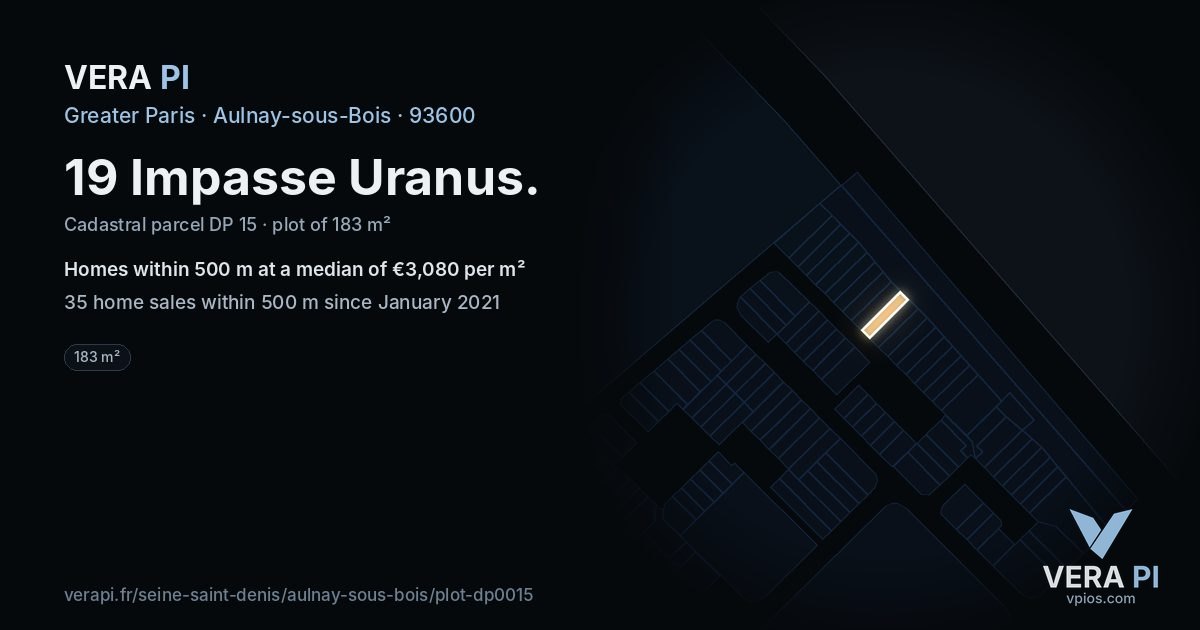 19 Impasse Uranus, Aulnay-sous-Bois at night – the plot lit, the parcels around coloured by the prices near them