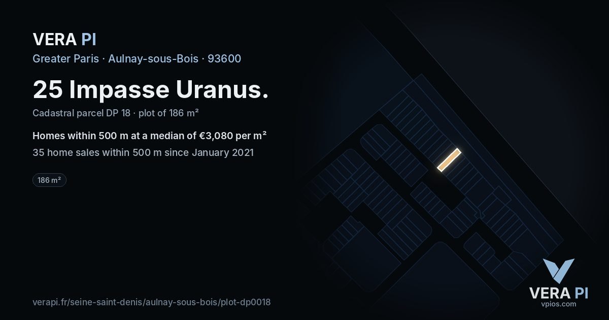 25 Impasse Uranus, Aulnay-sous-Bois at night – the plot lit, the parcels around coloured by the prices near them