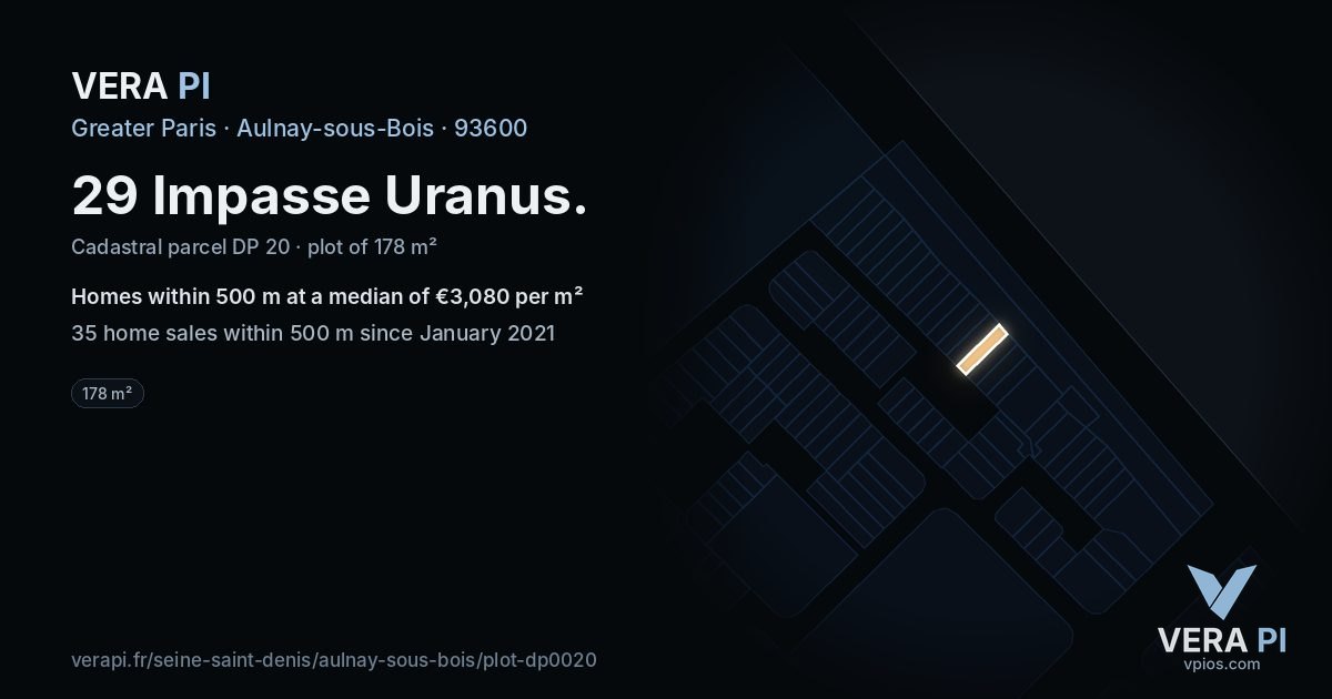 29 Impasse Uranus, Aulnay-sous-Bois at night – the plot lit, the parcels around coloured by the prices near them