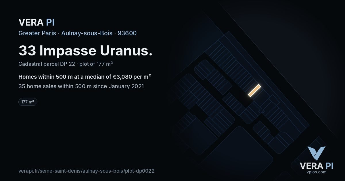 33 Impasse Uranus, Aulnay-sous-Bois at night – the plot lit, the parcels around coloured by the prices near them