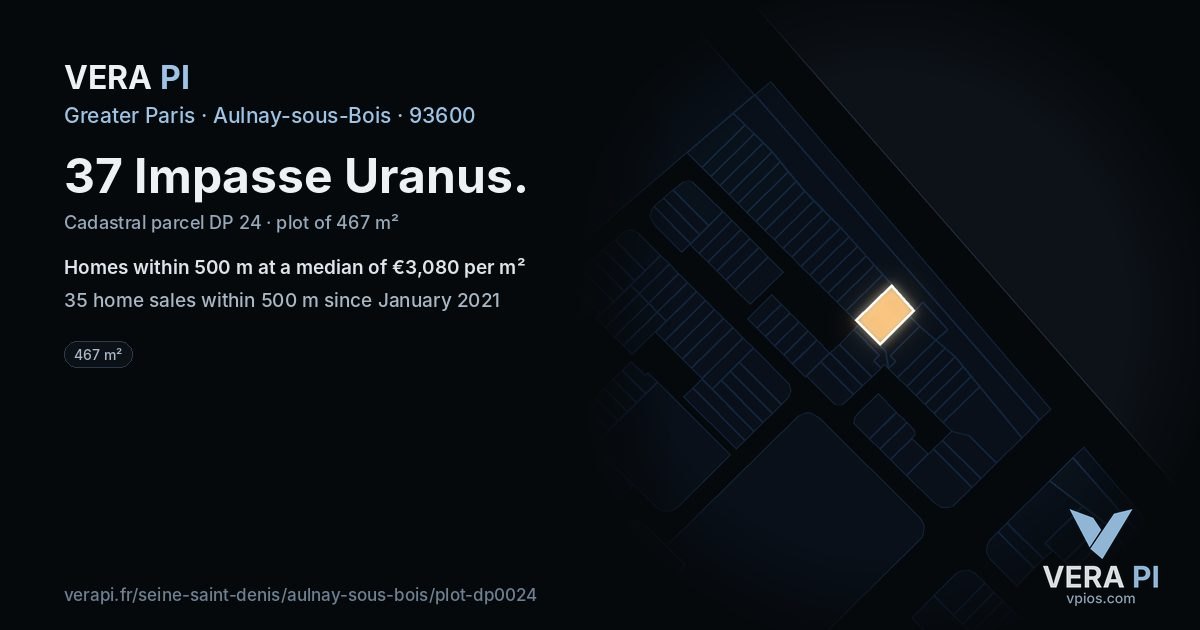 37 Impasse Uranus, Aulnay-sous-Bois at night – the plot lit, the parcels around coloured by the prices near them