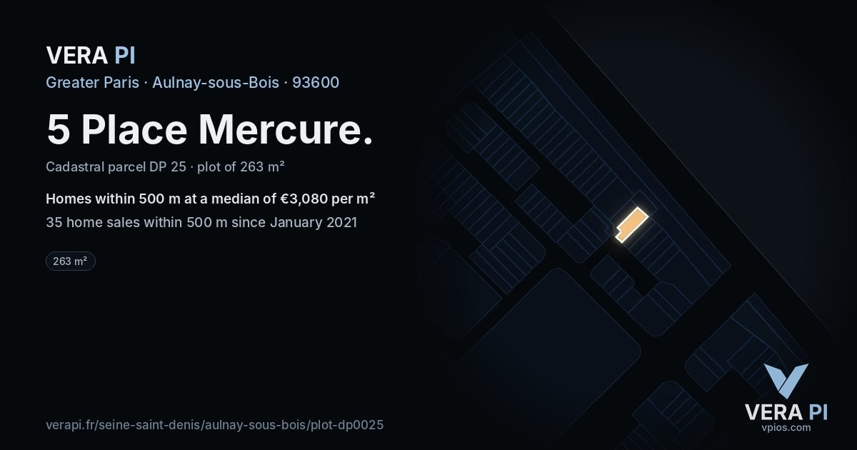 5 Place Mercure, Aulnay-sous-Bois at night – the plot lit, the parcels around coloured by the prices near them
