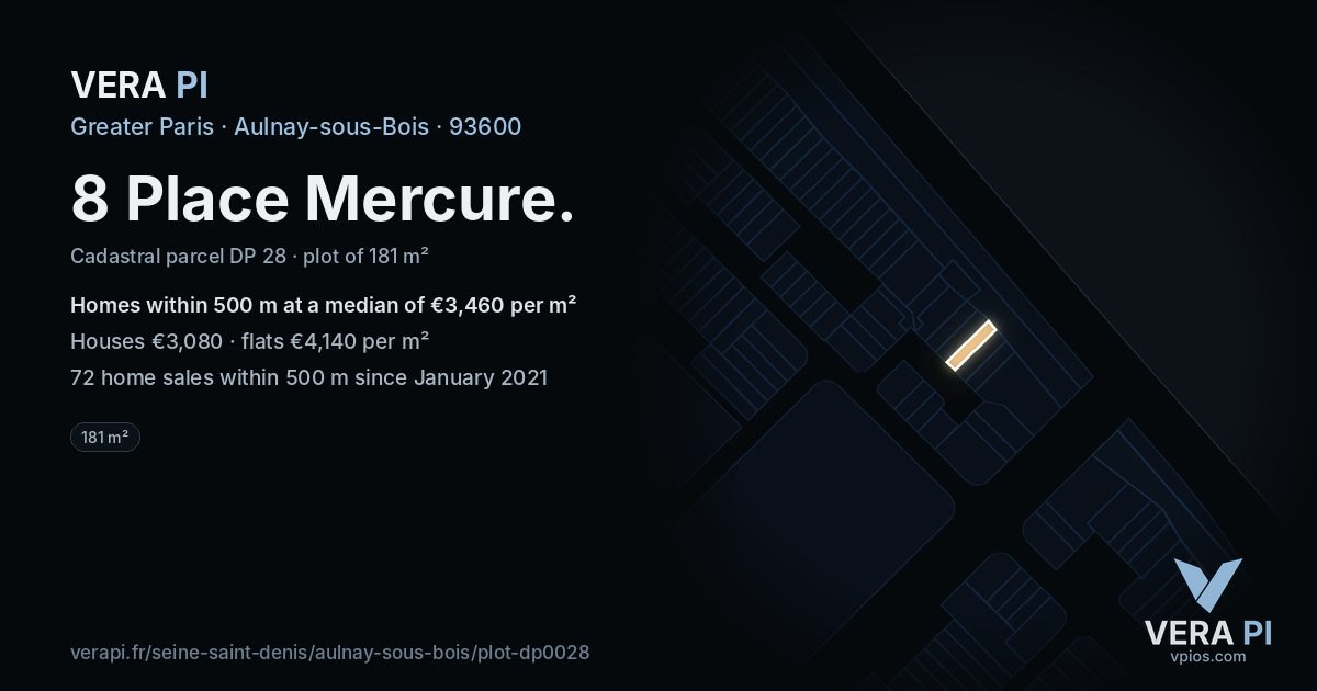8 Place Mercure, Aulnay-sous-Bois at night – the plot lit, the parcels around coloured by the prices near them