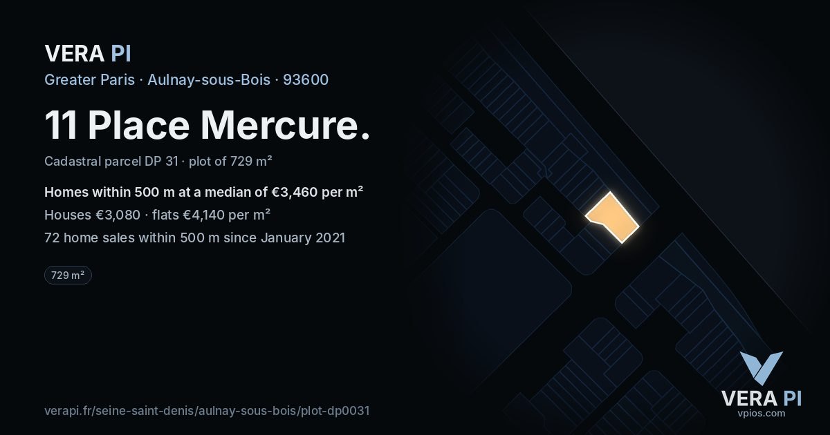 11 Place Mercure, Aulnay-sous-Bois at night – the plot lit, the parcels around coloured by the prices near them