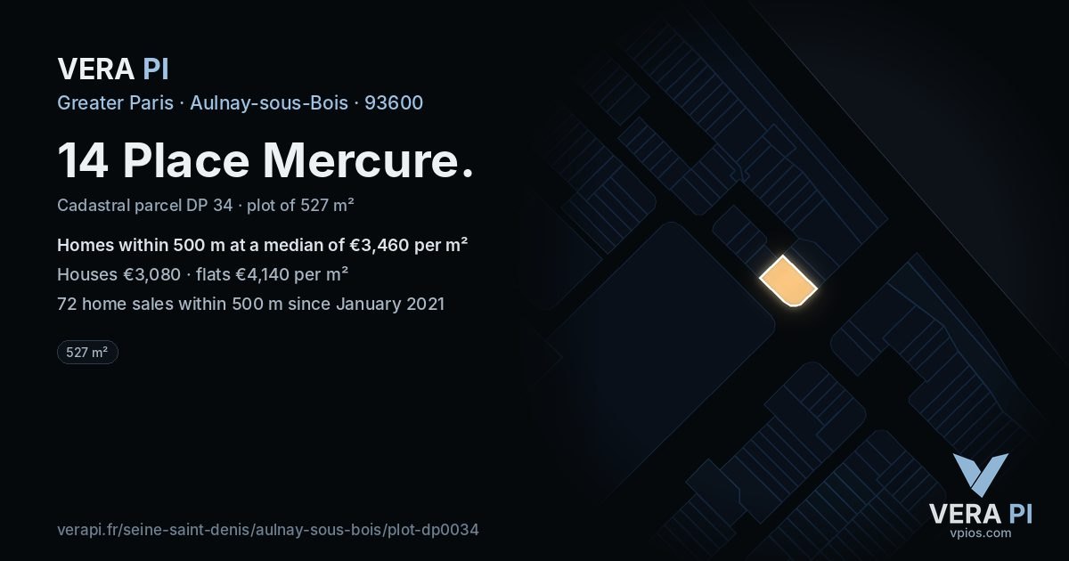 14 Place Mercure, Aulnay-sous-Bois at night – the plot lit, the parcels around coloured by the prices near them